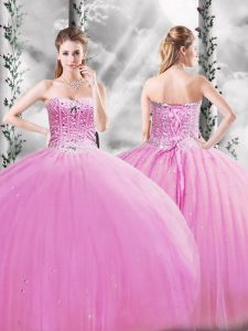 Lilac Lace Up Vestidos de Quinceanera Beading Sleeveless Floor Length