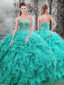 Turquoise Ball Gowns Sweetheart Sleeveless Organza Floor Length Lace Up Beading and Ruffles Sweet 16 Dress