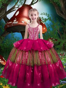 Hot Pink Sleeveless Beading and Ruffled Layers Floor Length Kids Formal Wear