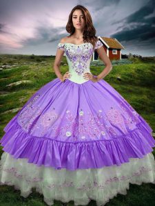 Taffeta Off The Shoulder Sleeveless Lace Up Beading and Embroidery and Ruffled Layers Sweet 16 Dresses in Lavender