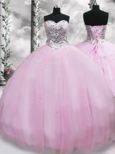 Brush Train Ball Gowns Vestidos de Quinceanera Lilac Sweetheart Tulle Sleeveless Lace Up