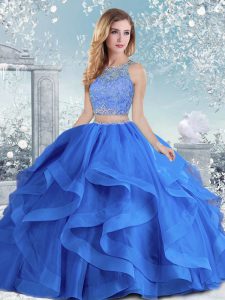 Colorful Floor Length Clasp Handle Quinceanera Gown Royal Blue for Military Ball and Sweet 16 and Quinceanera with Beading and Ruffles