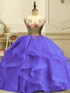 Latest Sleeveless Floor Length Appliques and Ruffles Lace Up Quinceanera Gowns with Lavender