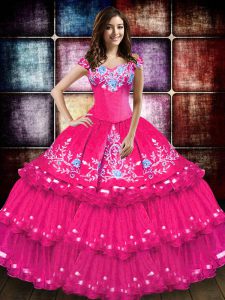 Affordable Sleeveless Embroidery and Ruffled Layers Lace Up Ball Gown Prom Dress