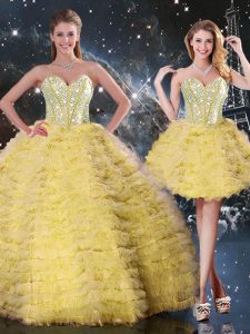 Yellow Ball Gowns Beading and Ruffled Layers Quinceanera Gown Lace Up Organza Sleeveless Floor Length