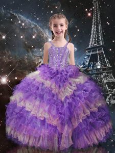 Lilac Sleeveless Floor Length Beading and Ruffled Layers Lace Up Pageant Dress for Teens