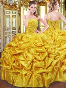 High End Gold Ball Gowns Taffeta Spaghetti Straps Sleeveless Beading and Pick Ups Floor Length Lace Up Ball Gown Prom Dress