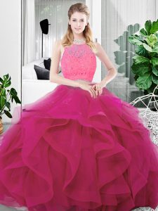 Scoop Sleeveless Tulle 15th Birthday Dress Lace and Ruffles Zipper