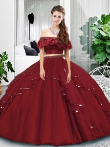 On Sale Burgundy Two Pieces Lace and Ruffles Vestidos de Quinceanera Lace Up Tulle Sleeveless Floor Length