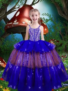 Glorious Royal Blue Ball Gowns Straps Sleeveless Organza Floor Length Lace Up Beading and Ruffled Layers Girls Pageant Dresses