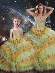 Glittering Multi-color Sleeveless Beading and Ruffled Layers and Sequins Floor Length Quinceanera Gowns