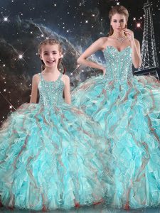 Admirable Aqua Blue Sweet 16 Quinceanera Dress Military Ball and Sweet 16 and Quinceanera with Beading and Ruffles Sweetheart Sleeveless Lace Up