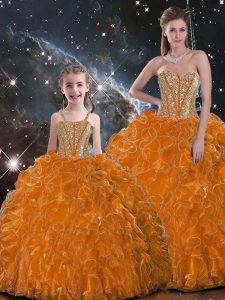 Orange Ball Gowns Sweetheart Sleeveless Organza Floor Length Lace Up Beading and Ruffles 15th Birthday Dress