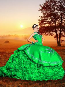 Modern Green Sweetheart Neckline Embroidery and Ruffles Quinceanera Dress Sleeveless Lace Up