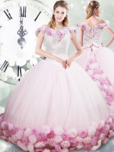 Discount Sleeveless Brush Train Hand Made Flower Lace Up Quinceanera Gowns