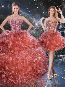 Pretty Rust Red 15 Quinceanera Dress Military Ball and Sweet 16 and Quinceanera with Beading and Ruffles Sweetheart Sleeveless Lace Up