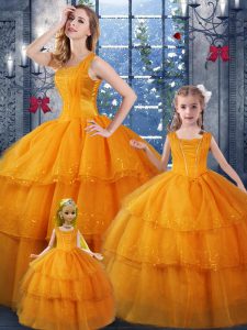 Clearance Floor Length Orange Quinceanera Gown Straps Sleeveless Lace Up