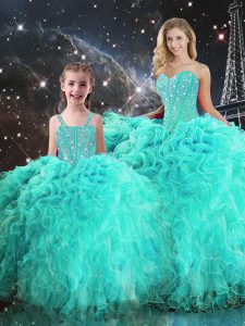 Trendy Turquoise Ball Gowns Organza Sweetheart Sleeveless Beading and Ruffles Floor Length Lace Up Sweet 16 Dresses