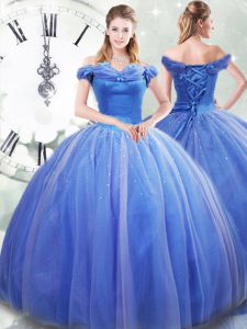 Top Selling Light Blue Tulle Lace Up Off The Shoulder Sleeveless Quince Ball Gowns Brush Train Pick Ups