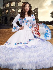 Free and Easy Floor Length Lace Up Ball Gown Prom Dress Baby Blue for Military Ball and Sweet 16 and Quinceanera with Embroidery and Ruffled Layers