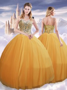 Spaghetti Straps Sleeveless Lace Up Ball Gown Prom Dress Gold Tulle