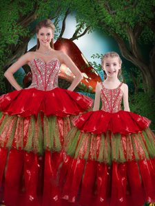 Deluxe Organza Sweetheart Sleeveless Lace Up Beading and Ruffled Layers Sweet 16 Dresses in Wine Red