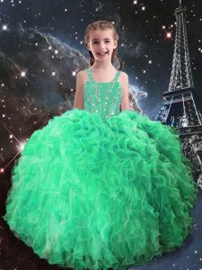 Sleeveless Floor Length Beading and Ruffles Lace Up Kids Formal Wear with Apple Green