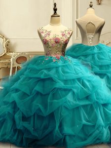 Luxurious Teal Scoop Neckline Appliques and Ruffles and Sequins Sweet 16 Dress Sleeveless Lace Up