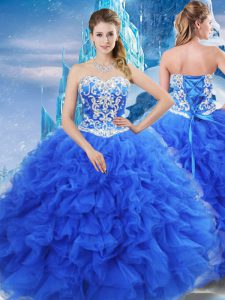 Fantastic Blue Sleeveless Organza Lace Up 15 Quinceanera Dress for Military Ball and Sweet 16 and Quinceanera