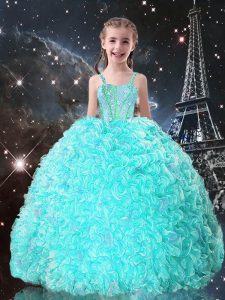 Pretty Turquoise Ball Gowns Beading and Ruffles Pageant Gowns For Girls Lace Up Organza Sleeveless Floor Length