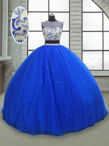 Royal Blue Scoop Lace Up Beading Quinceanera Dresses Sleeveless