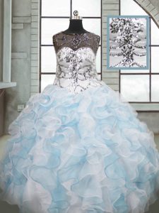 Sleeveless Organza Floor Length Lace Up Quinceanera Dresses in Blue And White with Beading and Ruffles