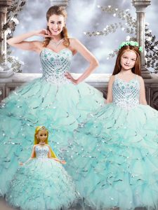 Vintage Aqua Blue Ball Gowns Beading and Ruffles Quinceanera Gown Lace Up Organza Sleeveless Floor Length