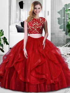 Stylish Wine Red Two Pieces Lace and Ruffles Ball Gown Prom Dress Zipper Tulle Sleeveless Floor Length