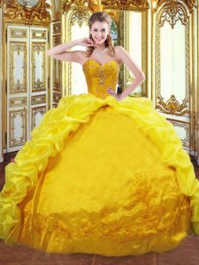 Sweetheart Sleeveless Quinceanera Gown Brush Train Beading and Embroidery and Pick Ups Gold Taffeta