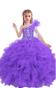 Customized Ball Gowns Winning Pageant Gowns Lilac One Shoulder Organza Sleeveless Floor Length Lace Up