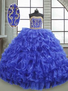 Organza Strapless Sleeveless Lace Up Beading and Appliques and Ruffles Sweet 16 Quinceanera Dress in Royal Blue