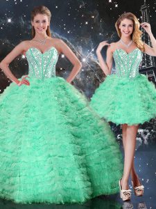 Apple Green Sleeveless Floor Length Beading and Ruffled Layers Lace Up Sweet 16 Dresses