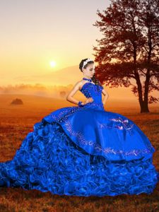 Fantastic Lace Up Quinceanera Dress Blue for Military Ball and Sweet 16 and Quinceanera with Embroidery and Ruffles Brush Train