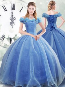 Glorious Light Blue Organza Lace Up Off The Shoulder Sleeveless Quinceanera Gowns Brush Train Pick Ups