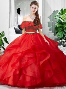 Glittering Off The Shoulder Sleeveless Lace Up Sweet 16 Dress Red Tulle