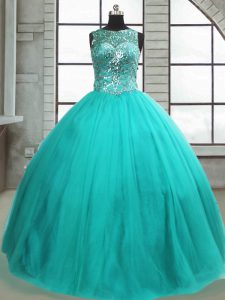 Tulle Scoop Sleeveless Lace Up Beading Quinceanera Gowns in Turquoise