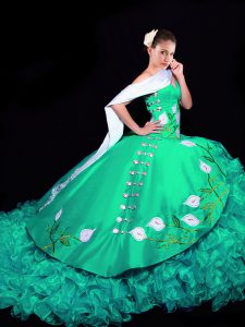 Turquoise Sleeveless Embroidery and Ruffles Lace Up Quinceanera Gown