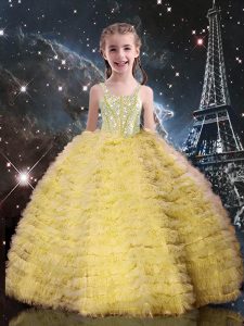 High Quality Tulle Sleeveless Floor Length Pageant Dress and Beading and Ruffled Layers