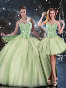 Discount Sleeveless Tulle Floor Length Lace Up 15 Quinceanera Dress in Yellow Green with Beading