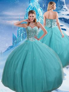 Custom Made Tulle Sleeveless Floor Length Quinceanera Gowns and Beading and Sequins