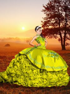 Beautiful Yellow Green Lace Up Quinceanera Dress Embroidery and Ruffles Sleeveless Brush Train