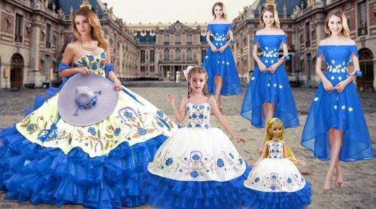 Royal Blue Sweetheart Neckline Embroidery and Ruffled Layers 15th Birthday Dress Sleeveless Lace Up