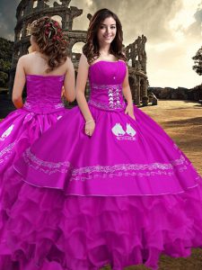 Vintage Embroidery and Ruffled Layers Sweet 16 Dress Fuchsia Zipper Sleeveless Floor Length