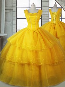 Floor Length Gold Ball Gown Prom Dress Organza Sleeveless Ruffled Layers